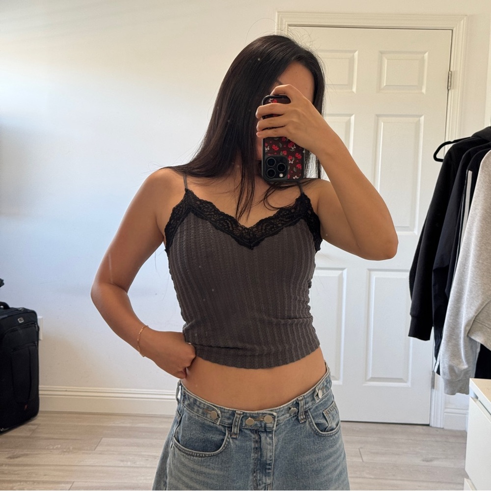 Urban Outfitters Black Ribbed Lace-Trim Cami Tank